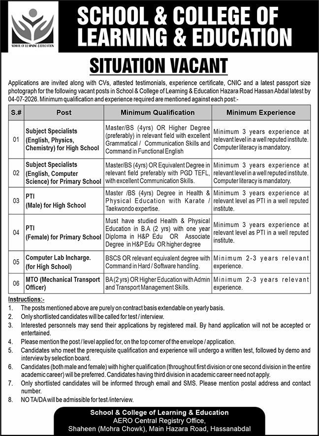 School & College Of Learning & Education Hassanabdal Jobs June 2026
