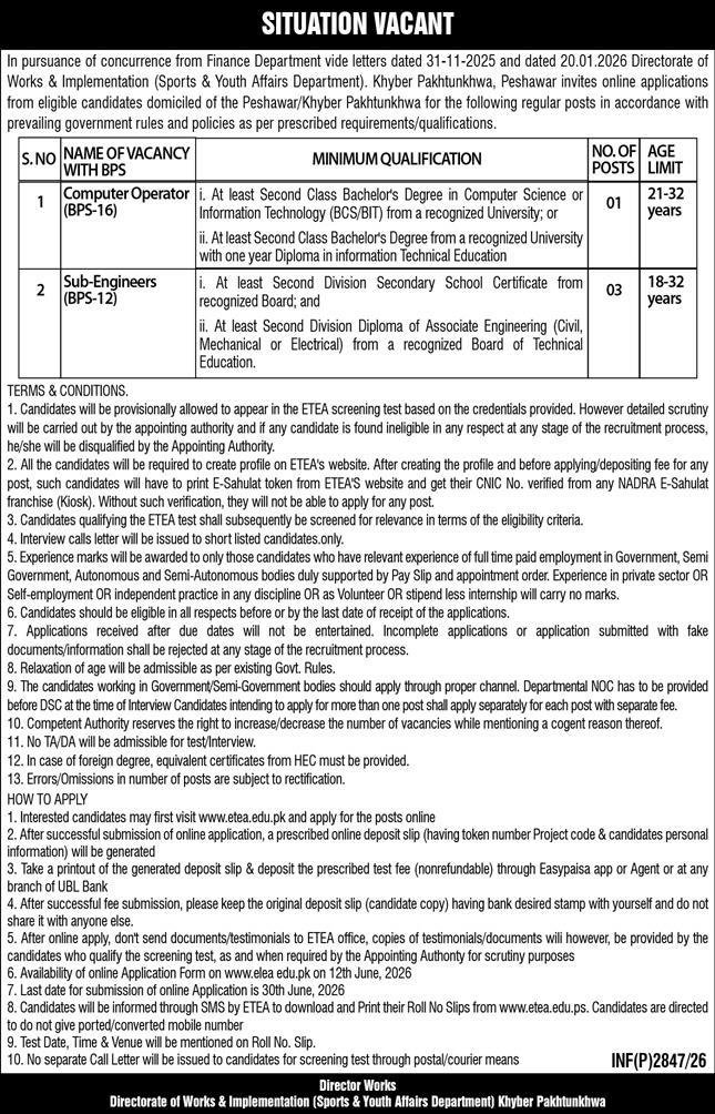 Sports & Youth Affairs Department Jobs in KPK June 2026