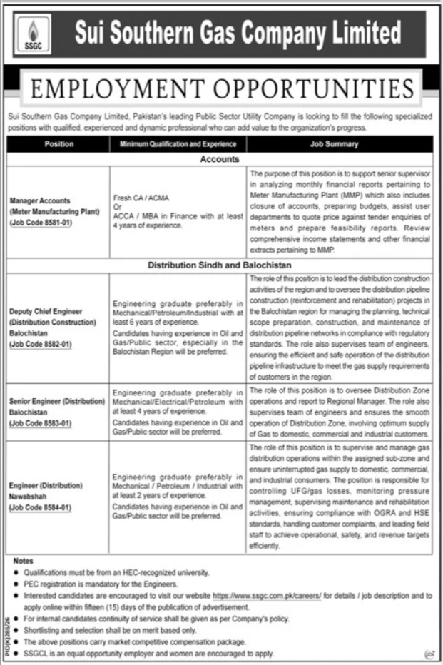 Sui Southern Gas Company Limited SSGC Jobs 26 July 2026