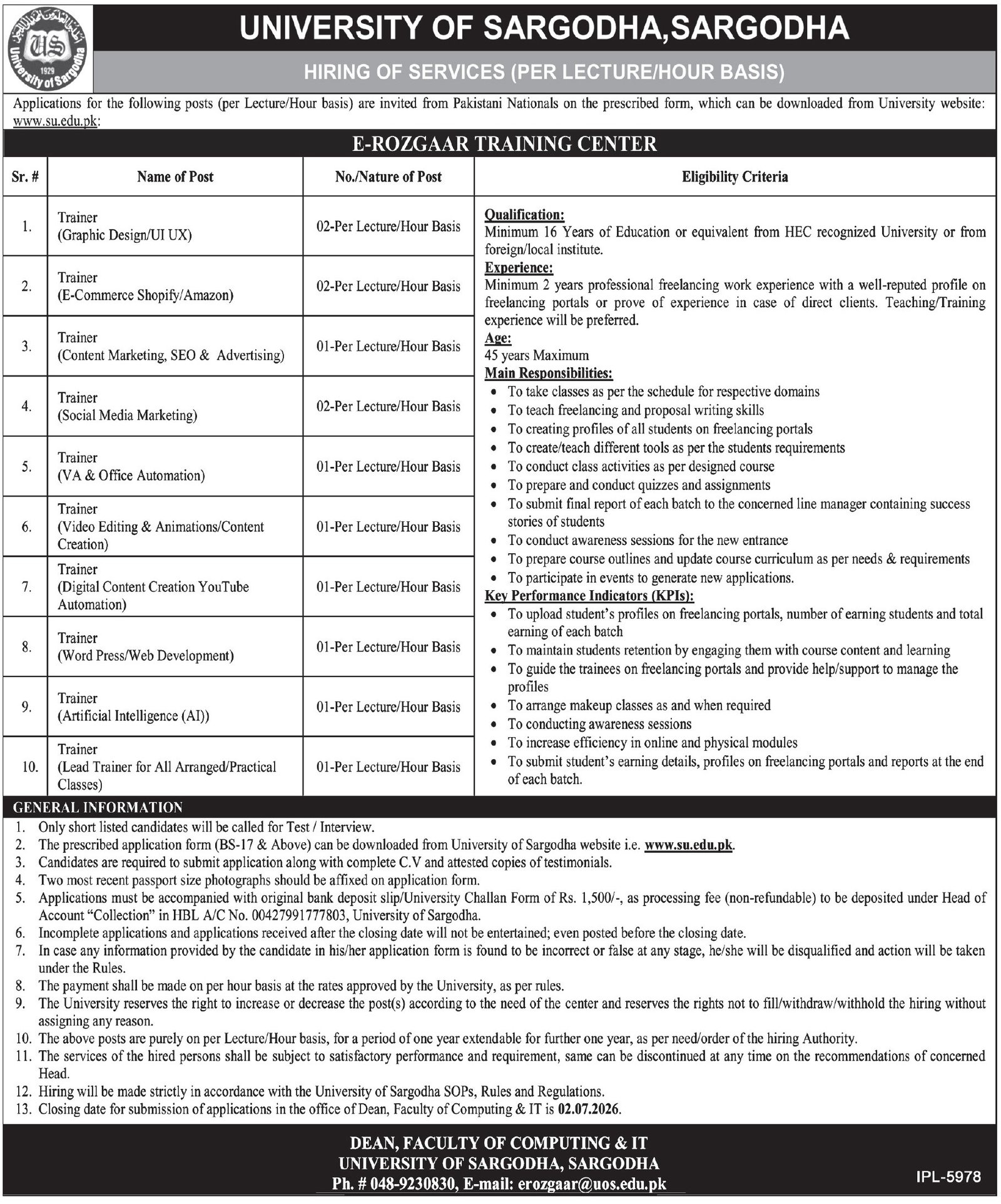 Trainer Jobs In E-Rozgaar Center University Of Sargodha UOS June 2026 