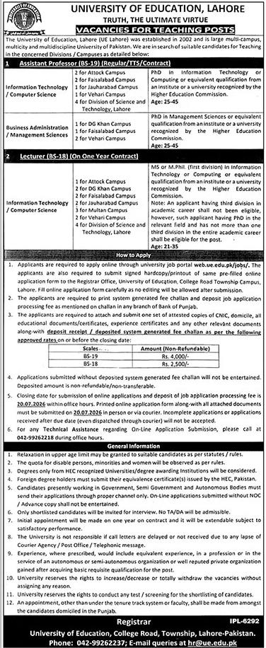 University Of Education Jobs in Lahore June 2026