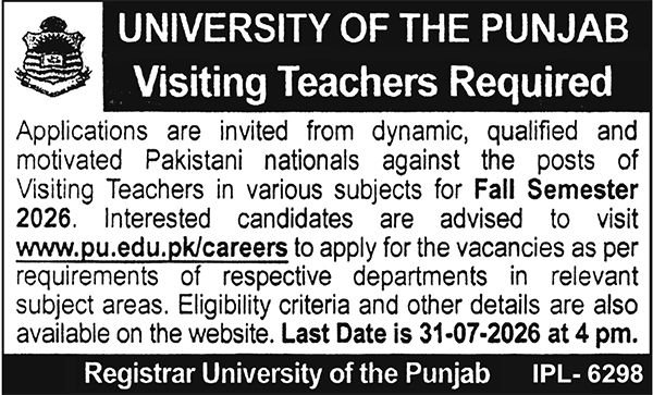 Visiting Teacher Jobs in Punjab University June 2026