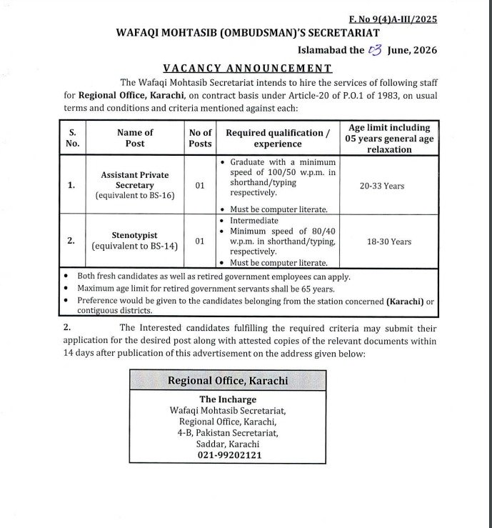 Wafaqi Mohtasib Secretariat Jobs in Karachi June 2026 Apply Online