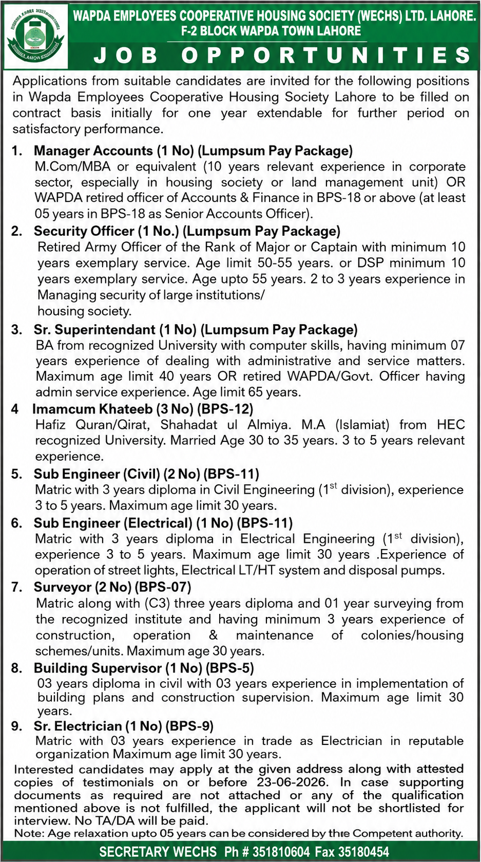 Wapda Employees Cooperative Housing Society Jobs in Lahore June 2026