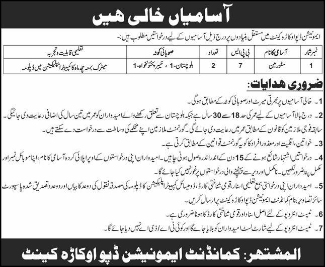 Storeman Jobs at Ammunition Depot Okara Cantt Jobs June 2026