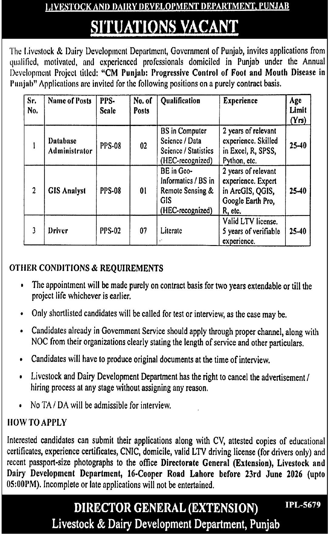 Livestock & Dairy Development Department Punjab Jobs 2026