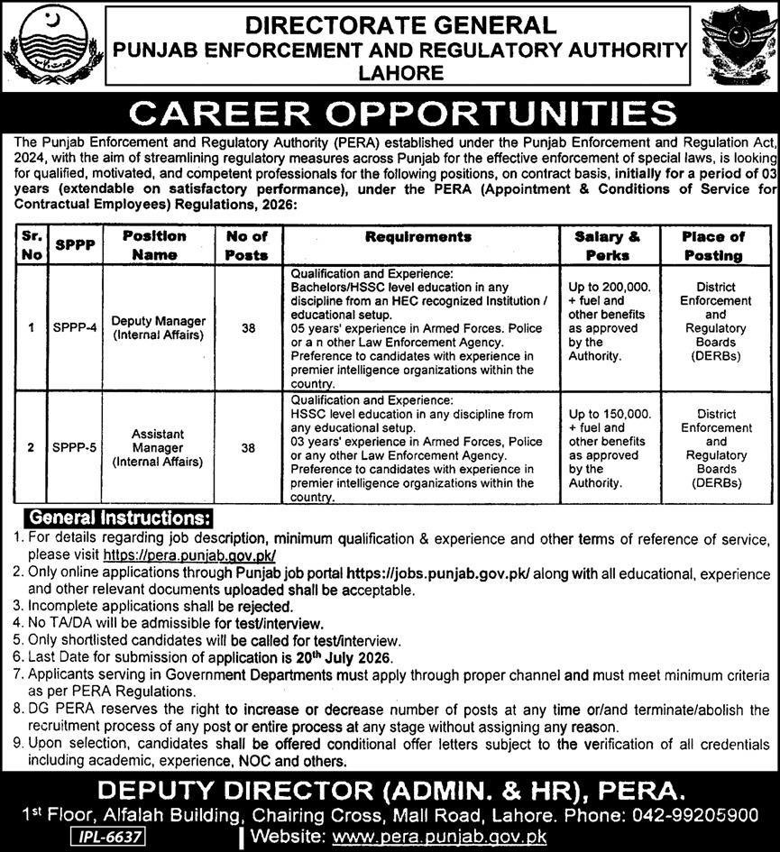 Punjab Enforcement & Regulatory Authority PERA Force Jobs July 2026