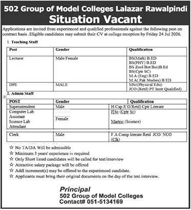 502 Group Of Medical Colleges Jobs in Rawalpindi July 2026