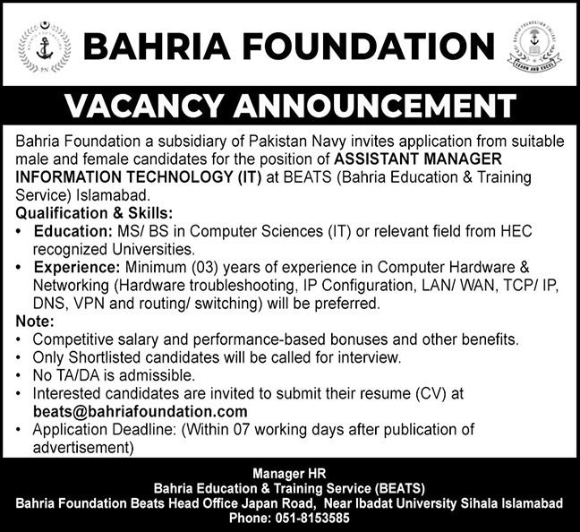 Bahria Foundation Jobs in Islamabad July 2026
