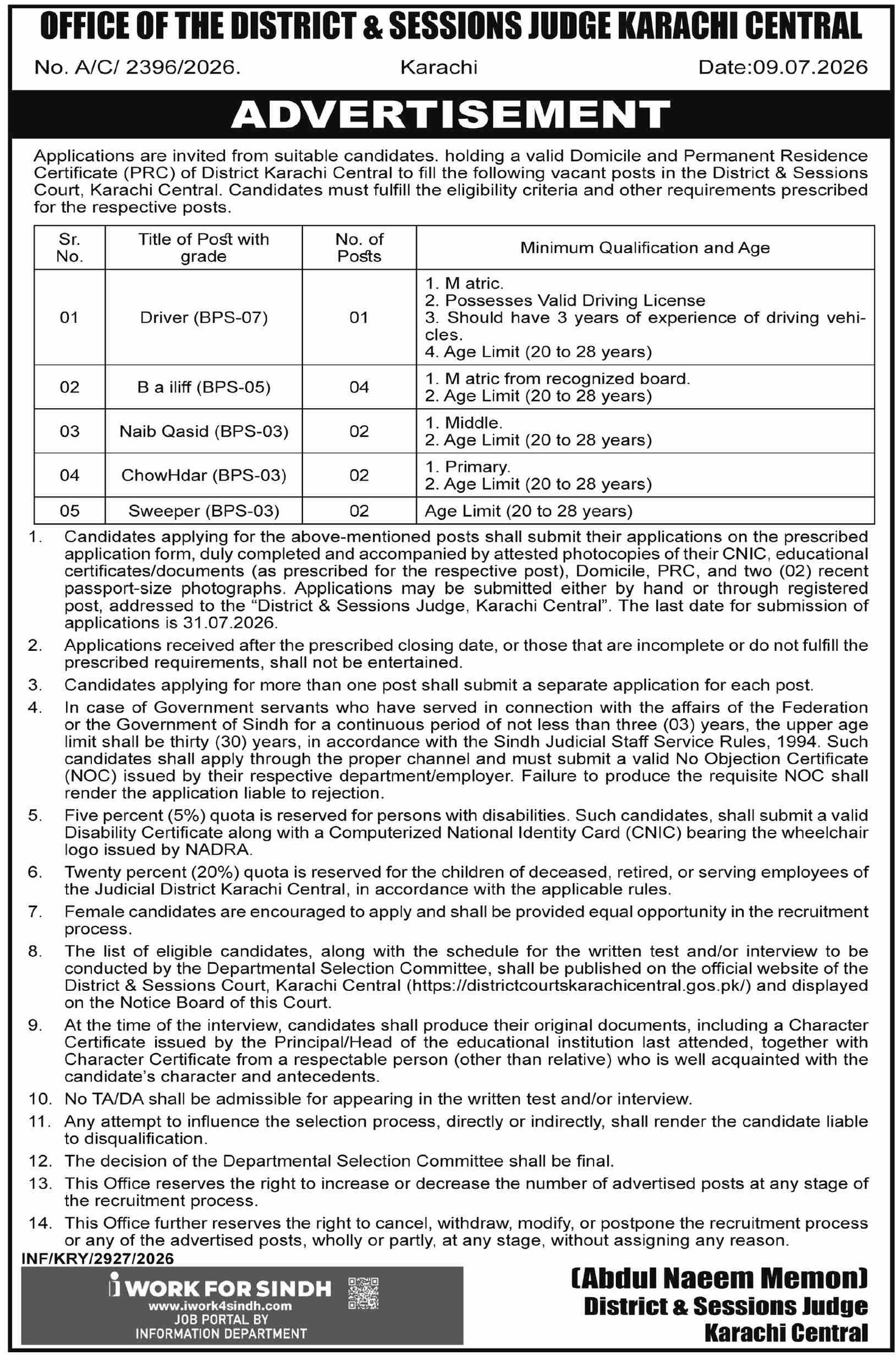 District & Session Judge Karachi Jobs July 2026