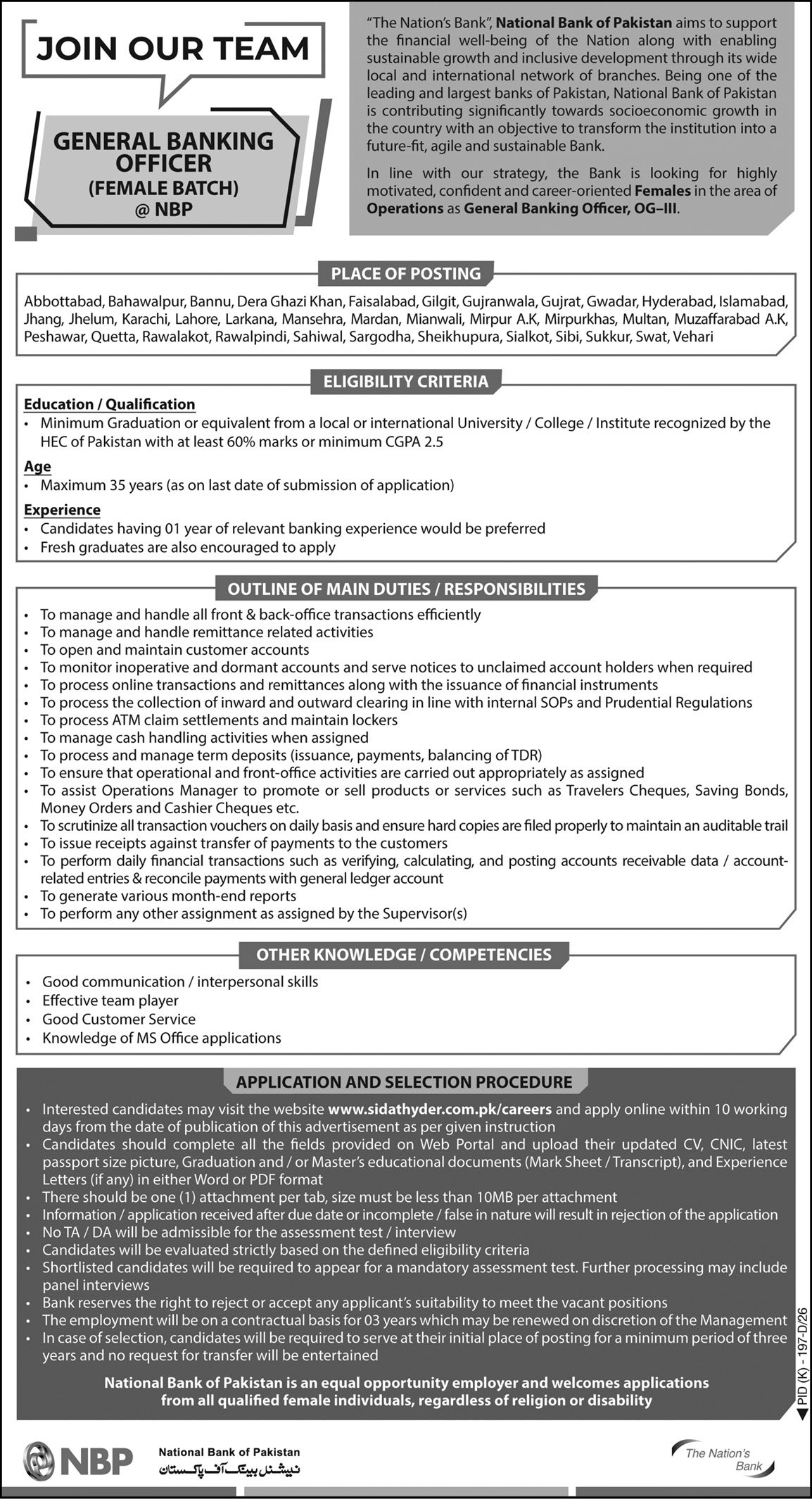 NBP Female General Banking Officer Jobs July 2026