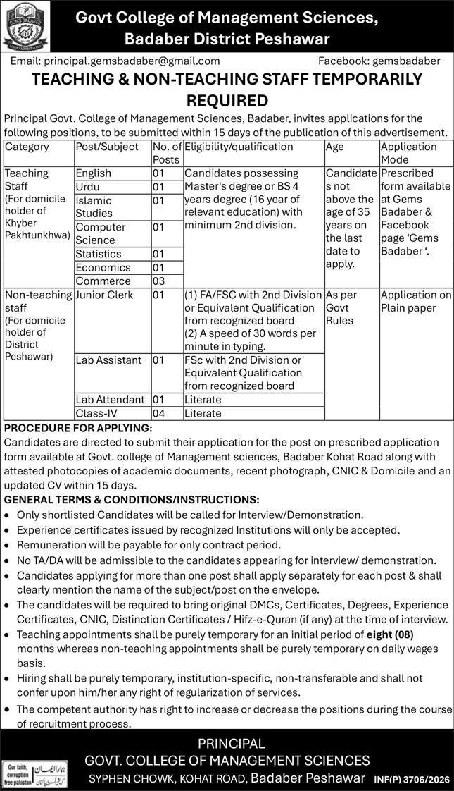 Government College Of Management Sciences Badaber Jobs in Peshawar 2026