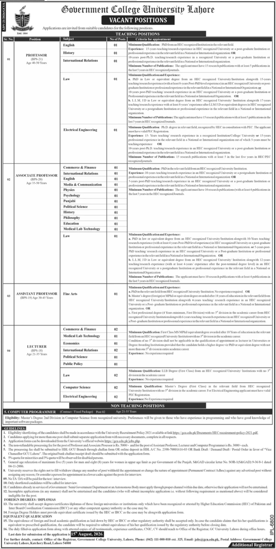 Government College University Lahore Jobs July 2026