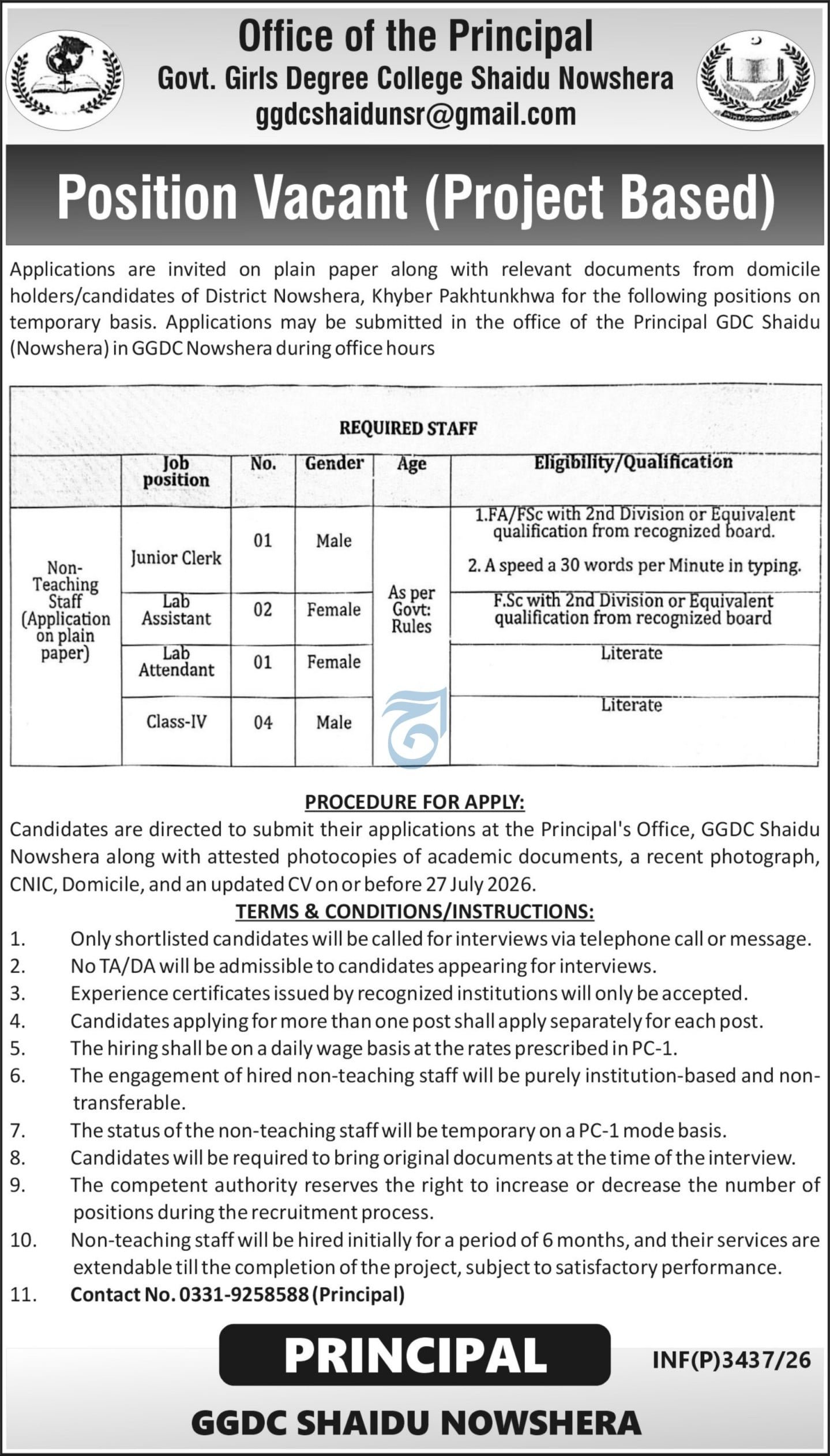 Government Girls Degree College Jobs in Nowshera July 2026