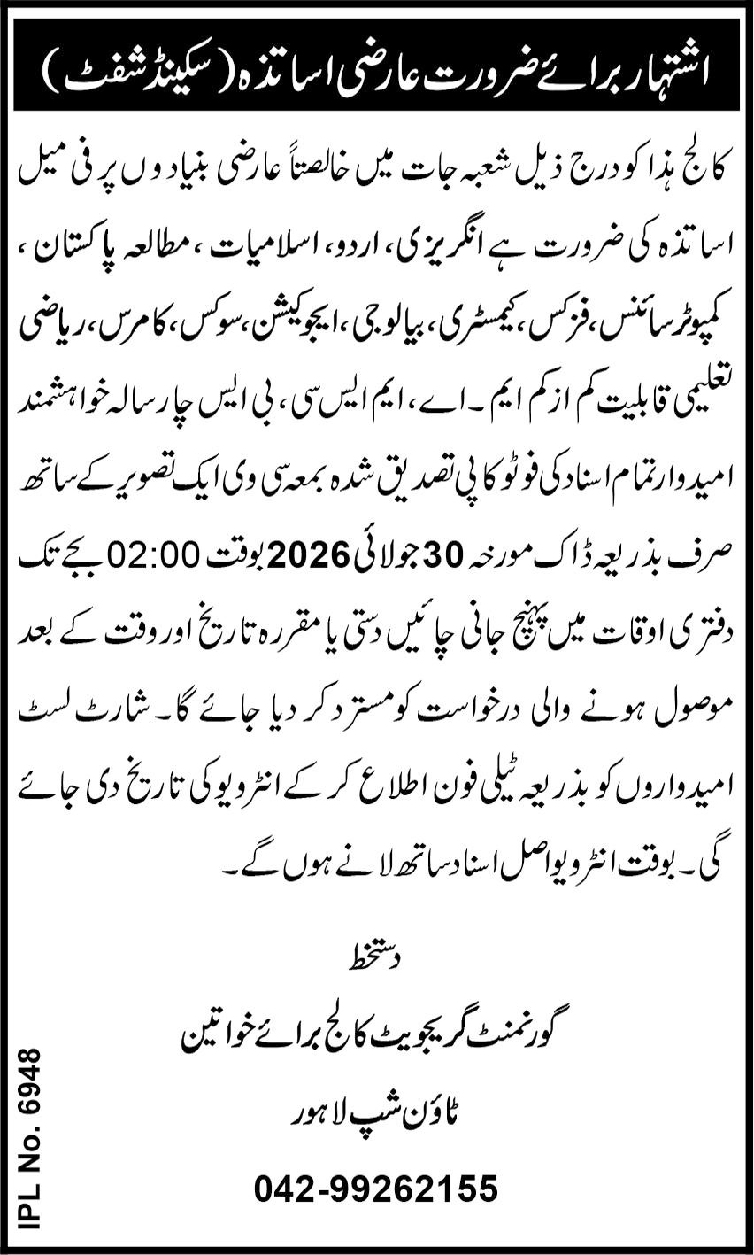 Government Graduate College For Women Township Jobs in Lahore July 2026