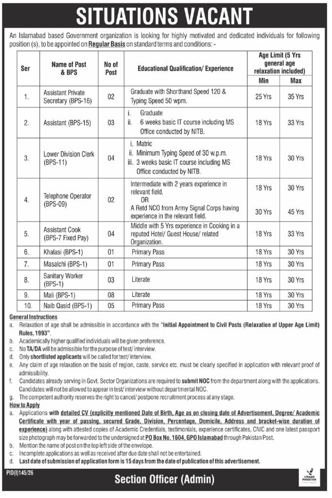 Government Jobs in Islamabad July 2026 Advertisement