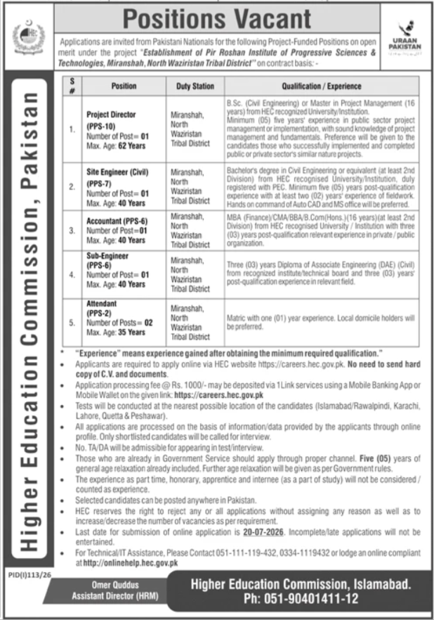 Higher Education Commission HEC Jobs July 2026