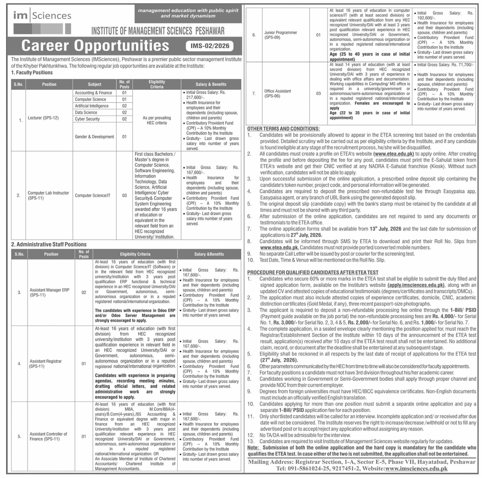 Institute Of Management Sciences Peshawar Jobs July 2026