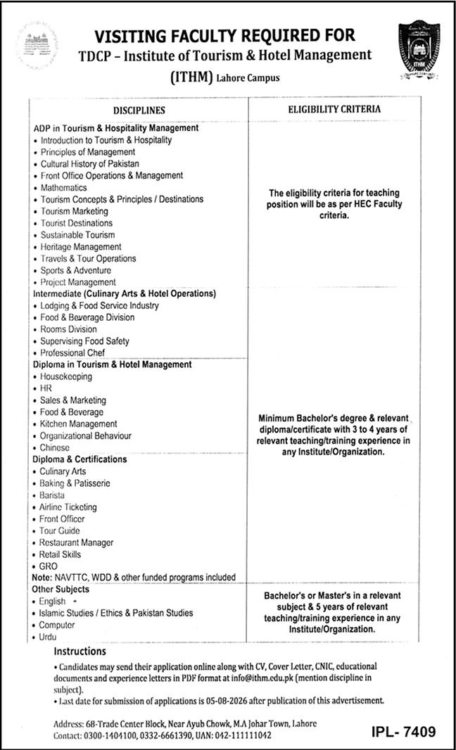 Institute Of Tourism & Hotel Management Jobs in Lahore 2026