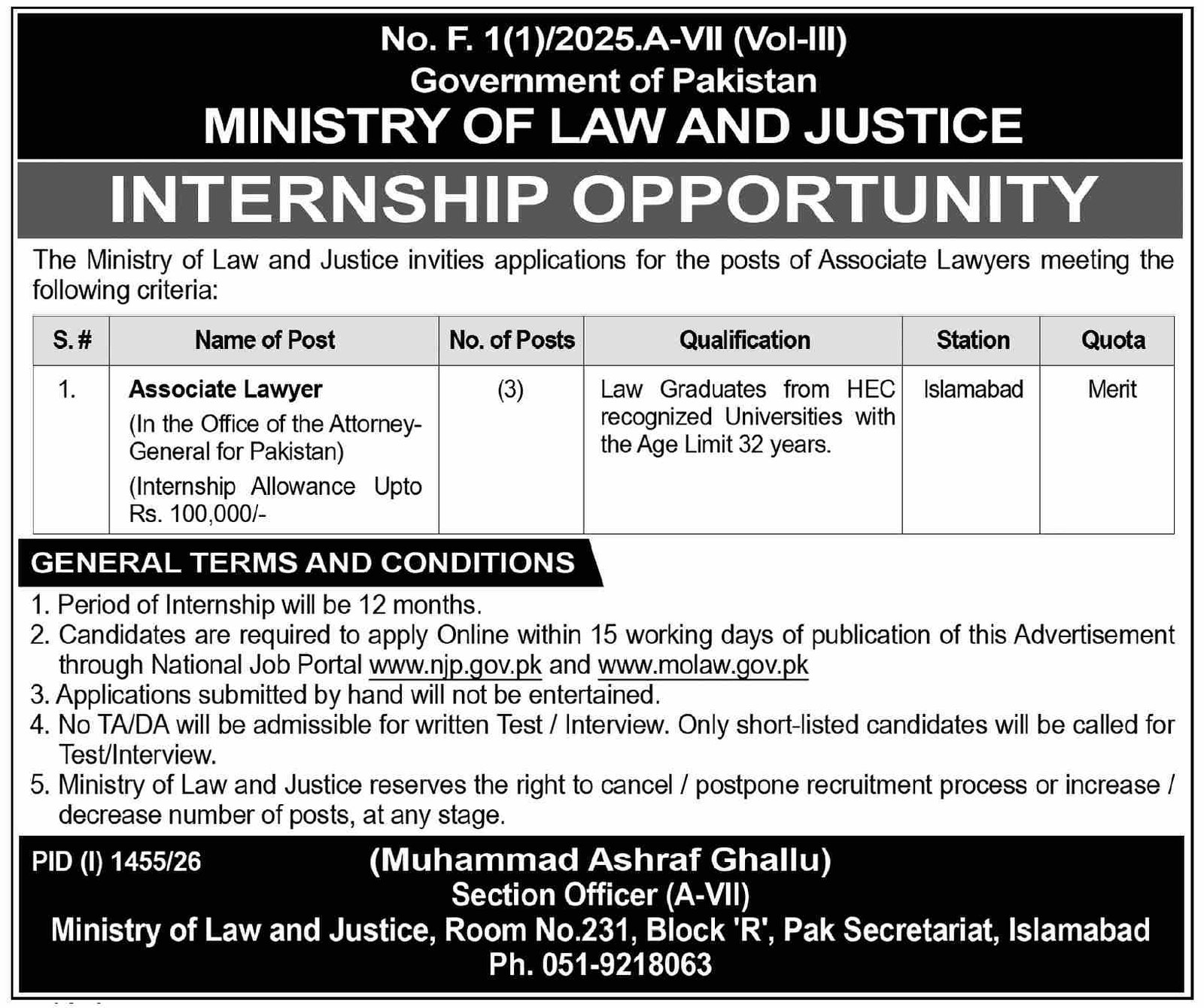 Internship Opportunity in Ministry Of Law And Justice August 2026