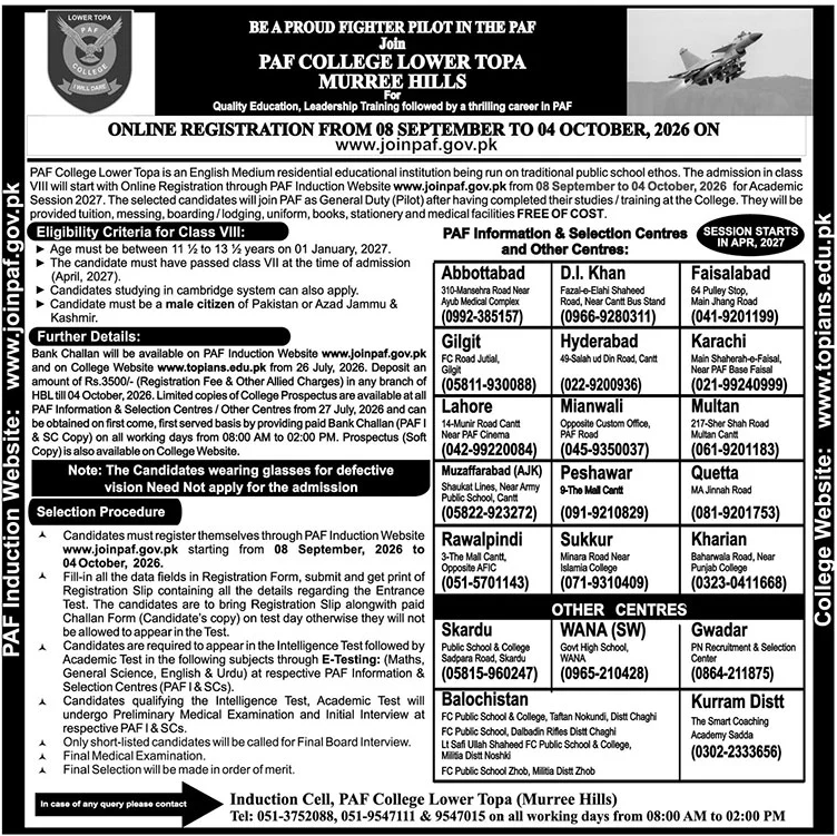 Join Air Force as Fighter Pilot Through Admission in PAF College Lower Topa Murree