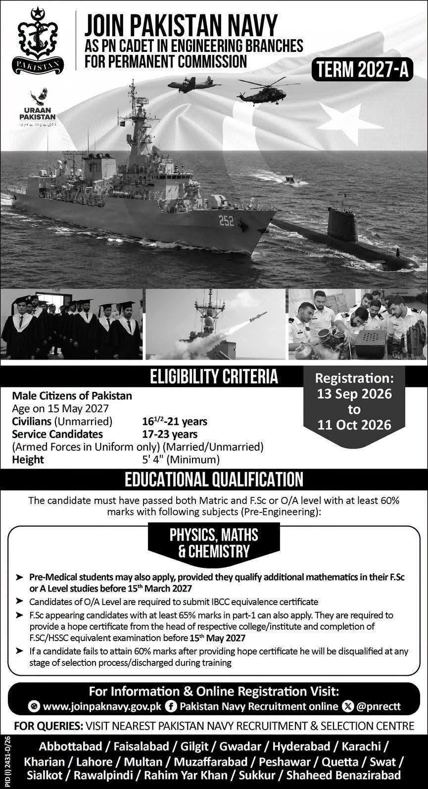 Join Pakistan Navy as PN Cadet in Engineering Branches for Permanent Commission Term 2027-A September 2026