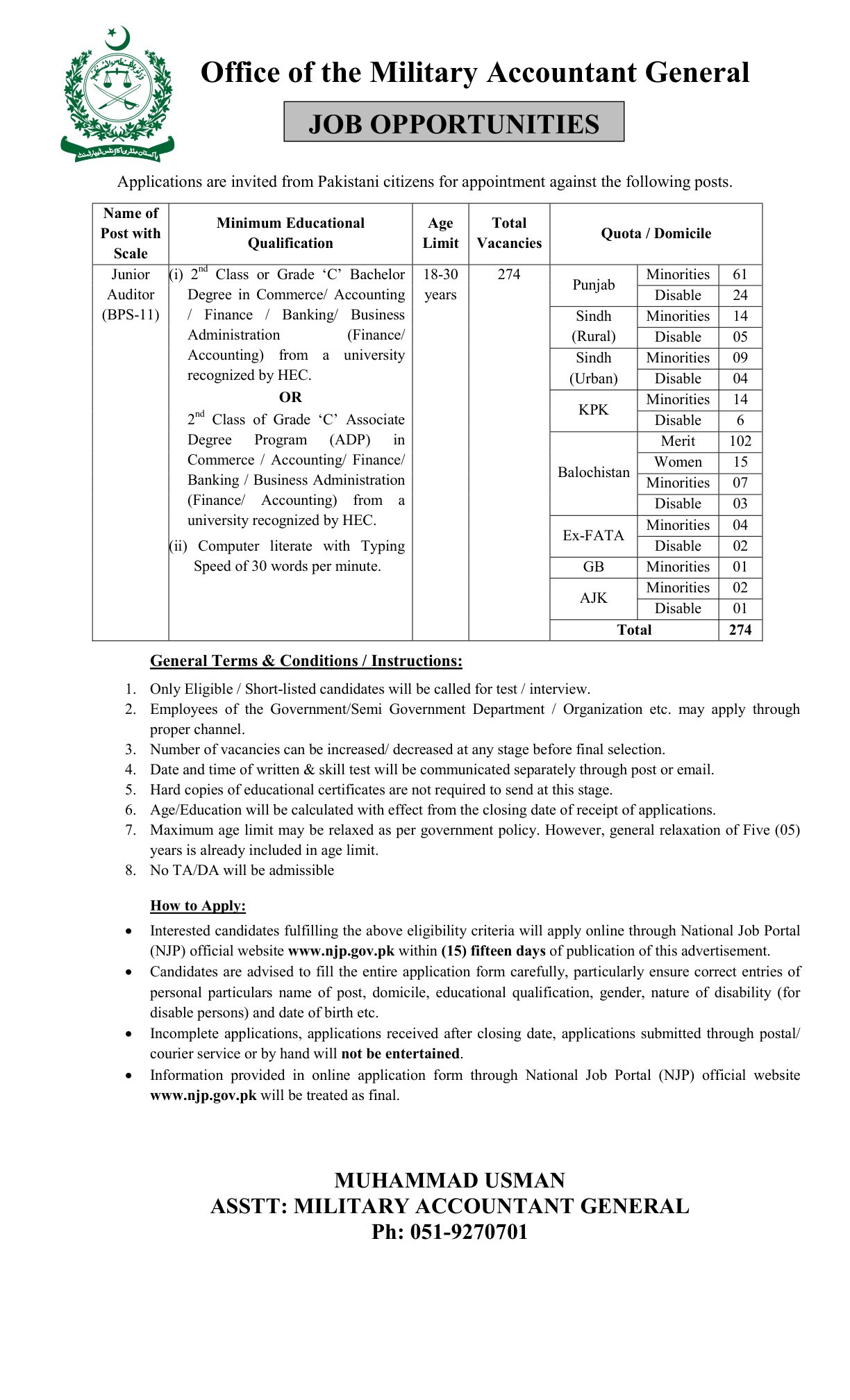 Junior Auditor Jobs in Military Accountant General Pakistan July 2026