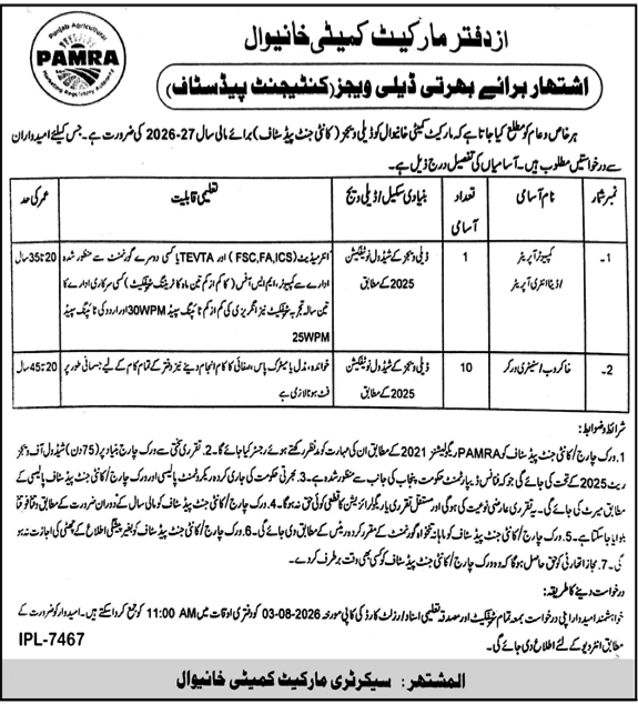 Market Committee Khanewal Vacancies