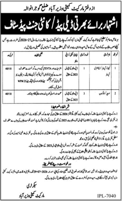 Market Committee Jobs in Wazirabad July 2026