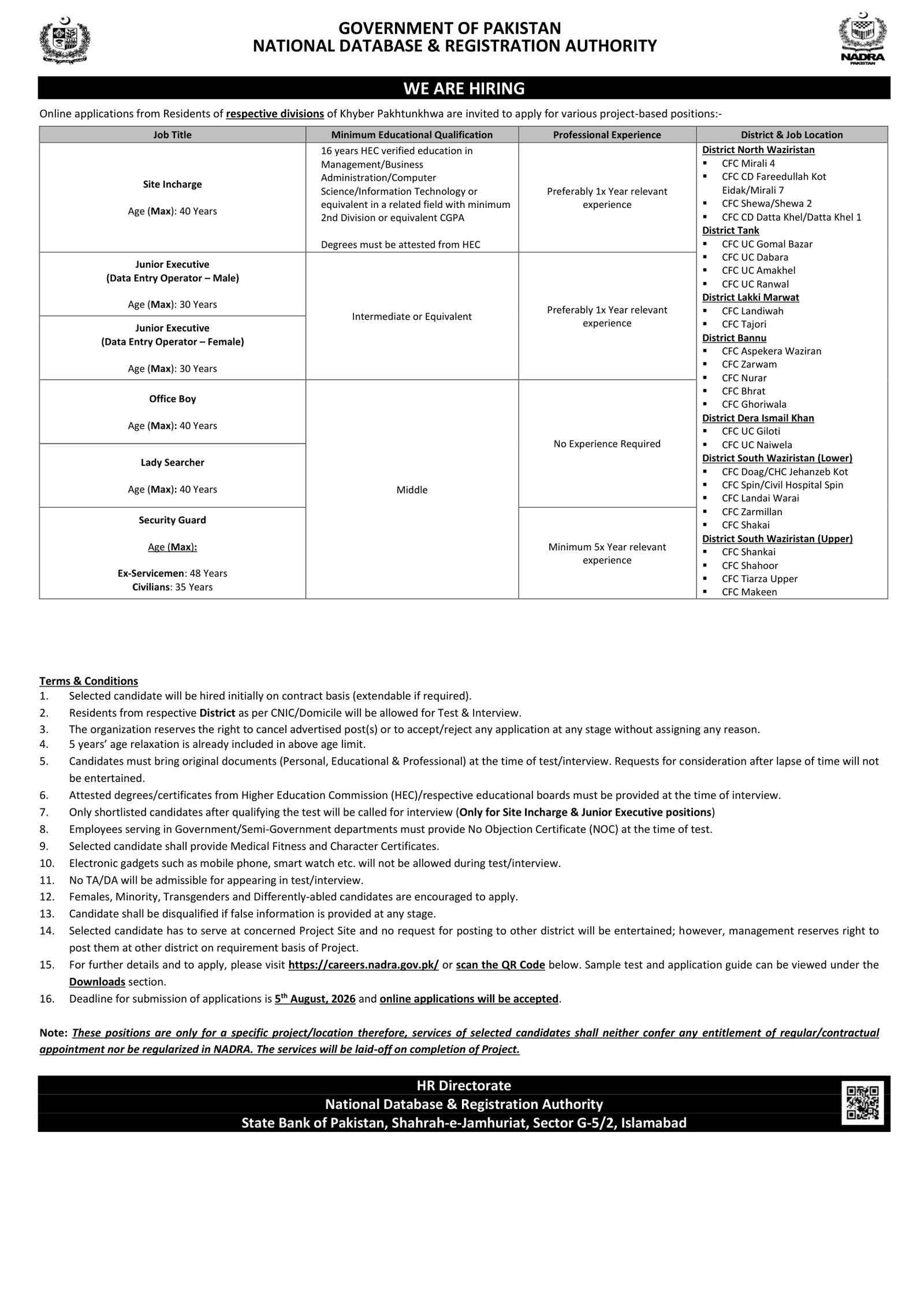 National Database & Registration Authority NADRA Jobs in KPK July 2026