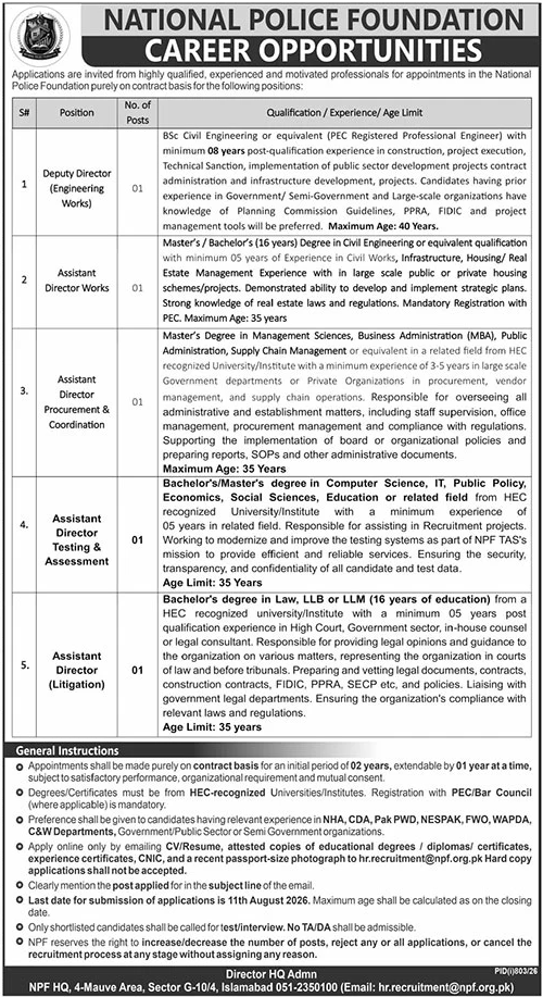 National Police Foundation NPF Jobs in Islamabad July 2026
