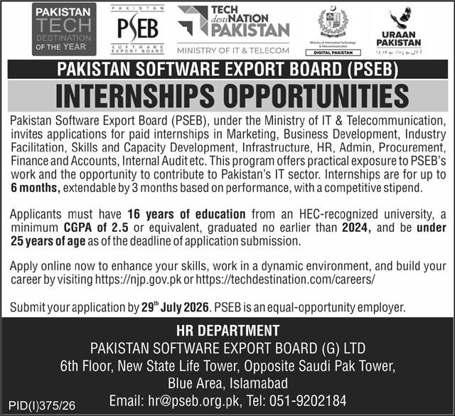 Pakistan Software Export Board PSEB Internships in Islamabad July 2026