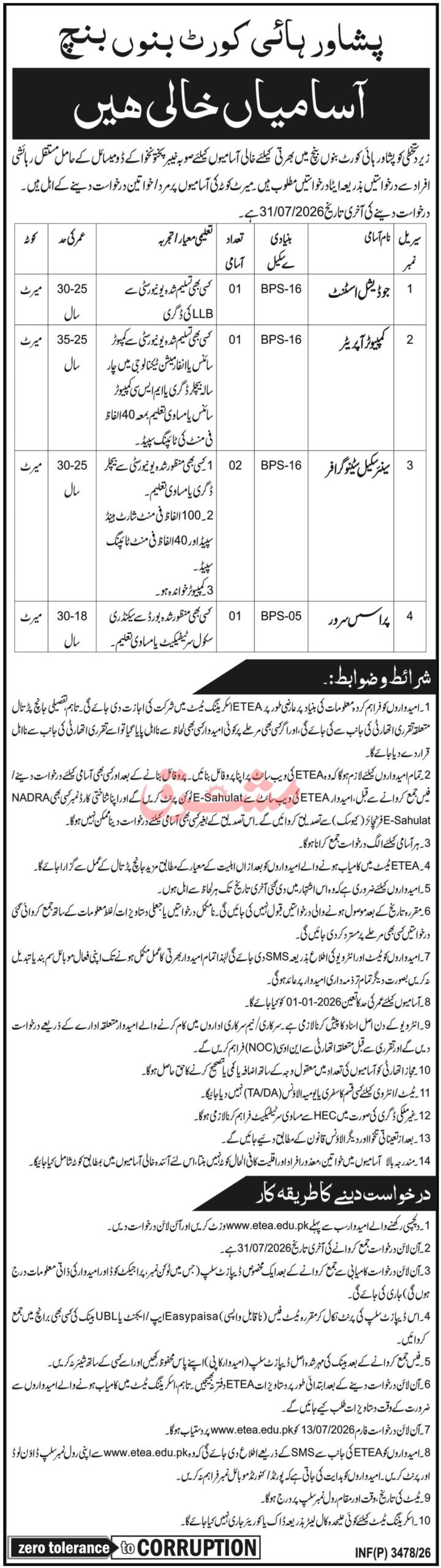 Peshawar High Court Bannu Bench Jobs in KPK July 2026