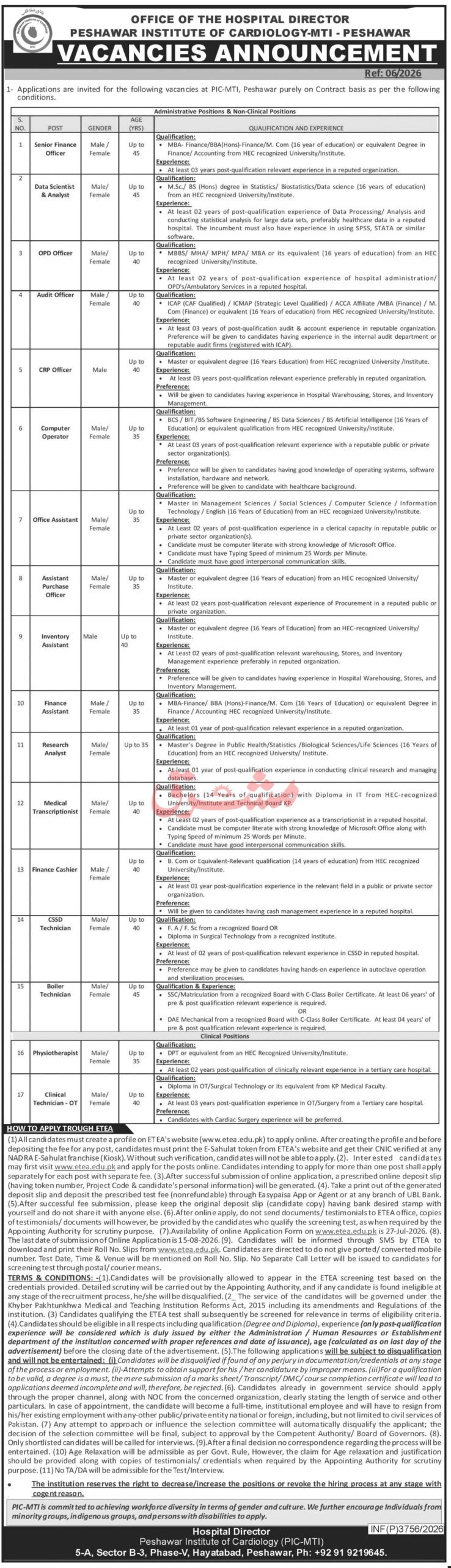 Peshawar Institute Of Cardiology PIC Jobs August 2026 Advertisement