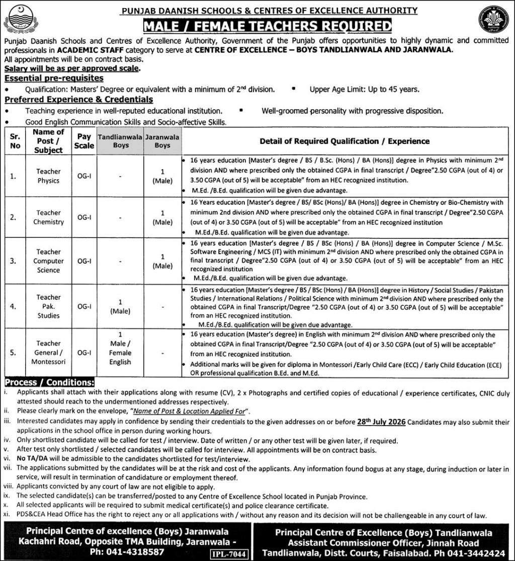 Punjab Daanish Schools Jobs in Tandlianwala & Jaranwala July 2026
