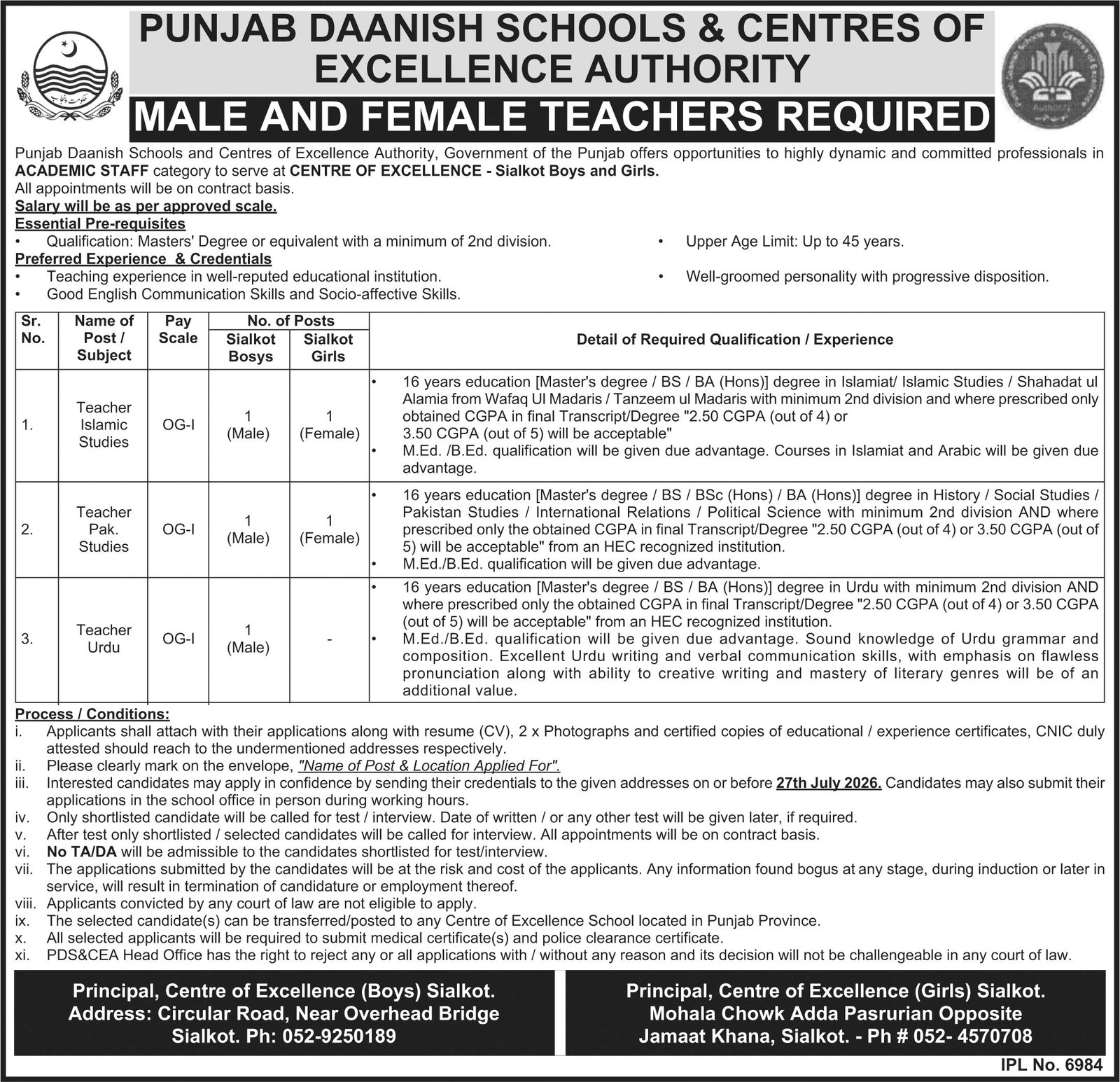 Punjab Daanish Schools Jobs in Sialkot July 2026