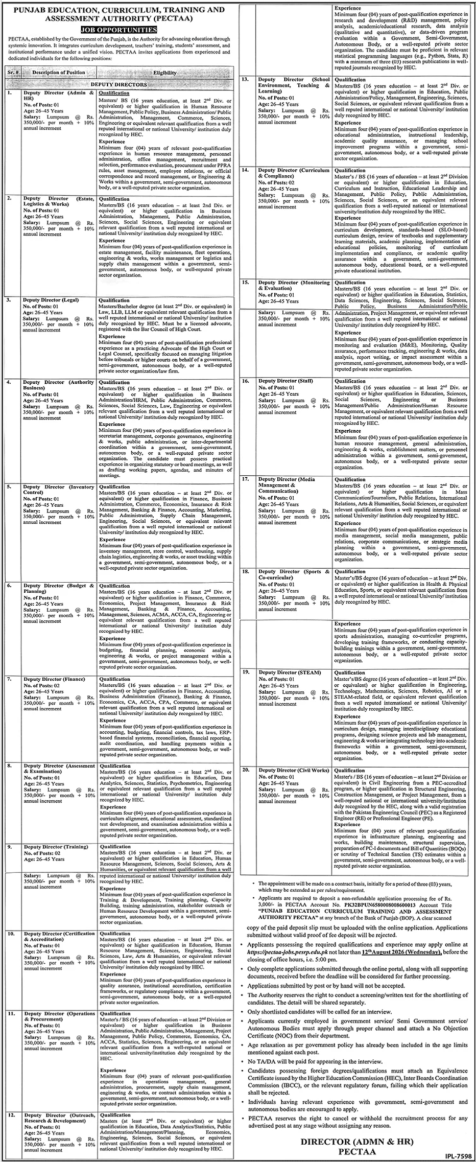 Punjab Education Curriculum Training PECTAA Jobs in Lahore July 2026