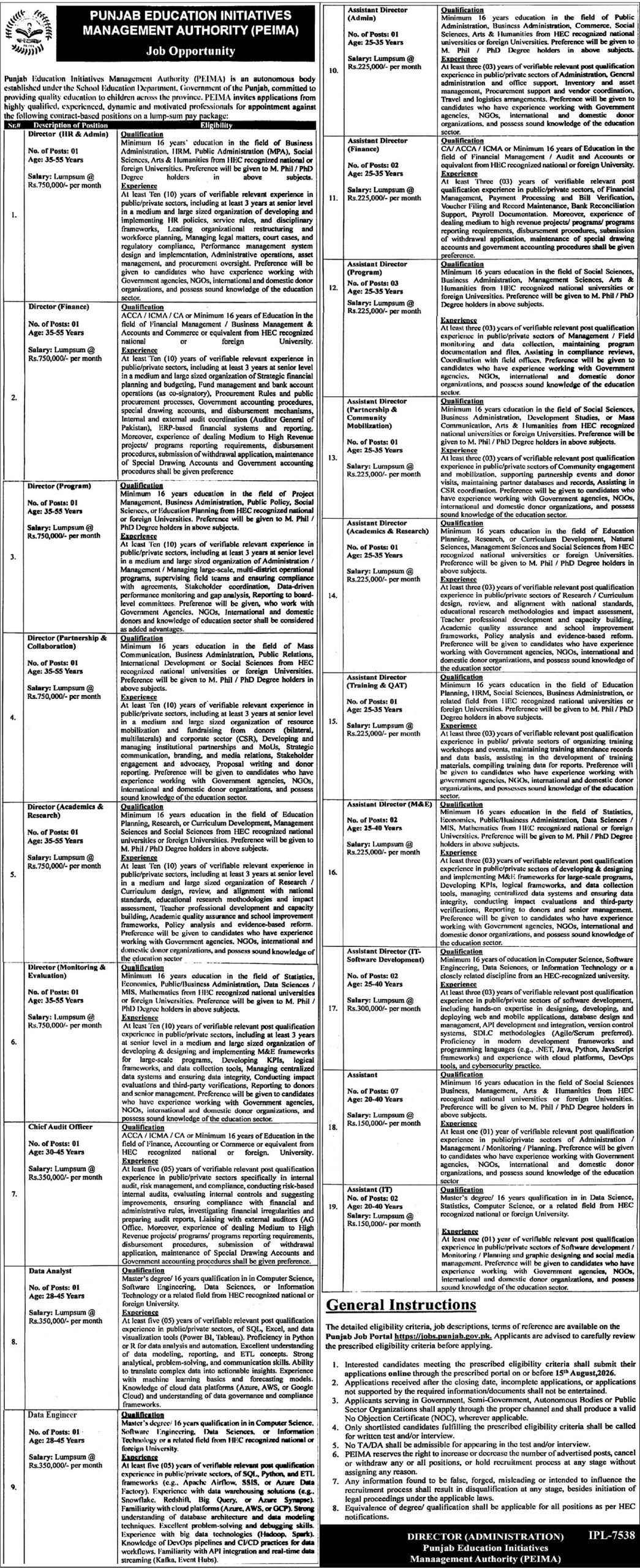 Punjab Education Initiative Management Authority PEIMA Jobs July 2026