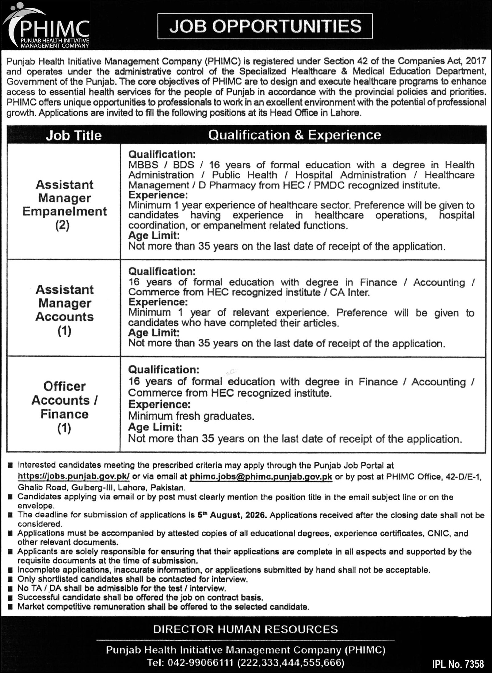 Punjab Health Initiative Management Company PHIMC Jobs in Lahore 2026
