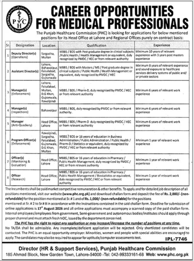 Punjab Healthcare Commission PHC Jobs in Lahore August 2026