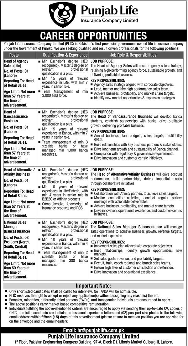 Punjab Life Insurance Company PLIC Lahore Jobs July 2026