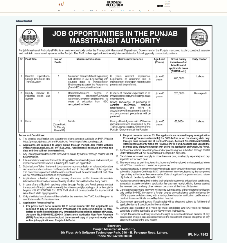 Punjab Masstransit Authority Jobs August 2026