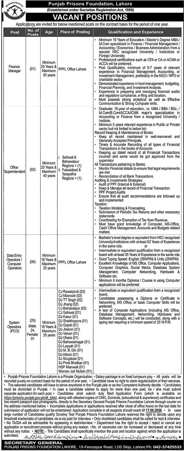 Punjab Prisons Foundation Jobs in Lahore August 2026 Advertisement