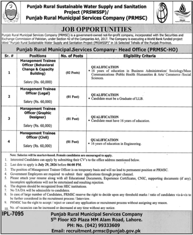 Punjab Rural Municipal Services Company Jobs in Lahore July 2026