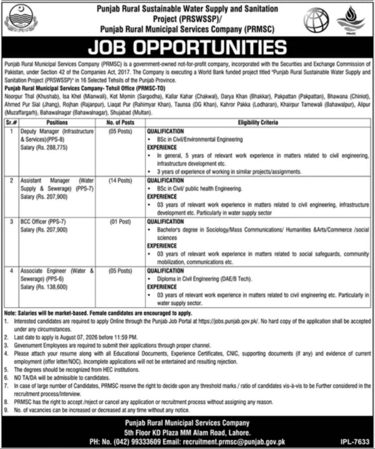 Punjab Rural Sustainable Water Supply PRSWSSP Jobs July 2026