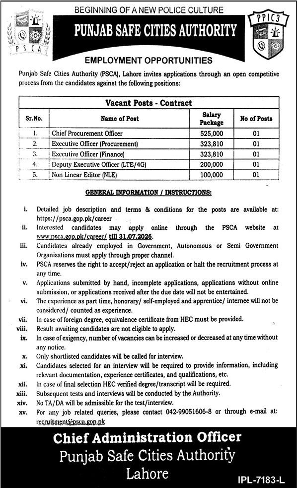 Punjab Safe Cities Authority PSCA Lahore Jobs July 2026