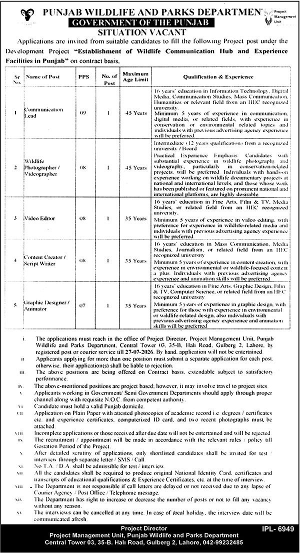 Punjab Wildlife & Parks Department Jobs in Lahore July 2026