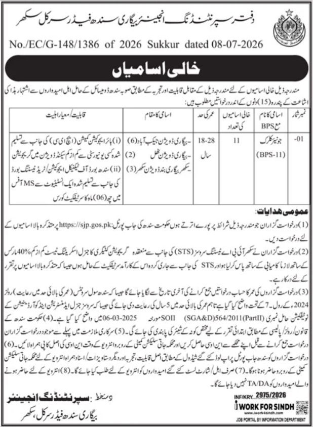 Junior Clerk Jobs in Superintending Engineer Bigari Sindh Feeder Circle Sukkur