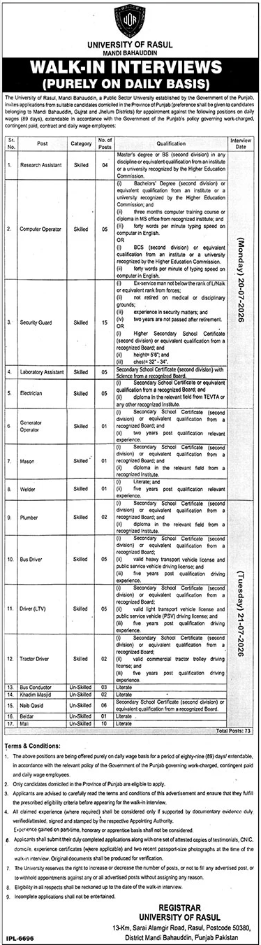 University Of Rasul Mandi Bahauddin Walk-In Interviews 2026