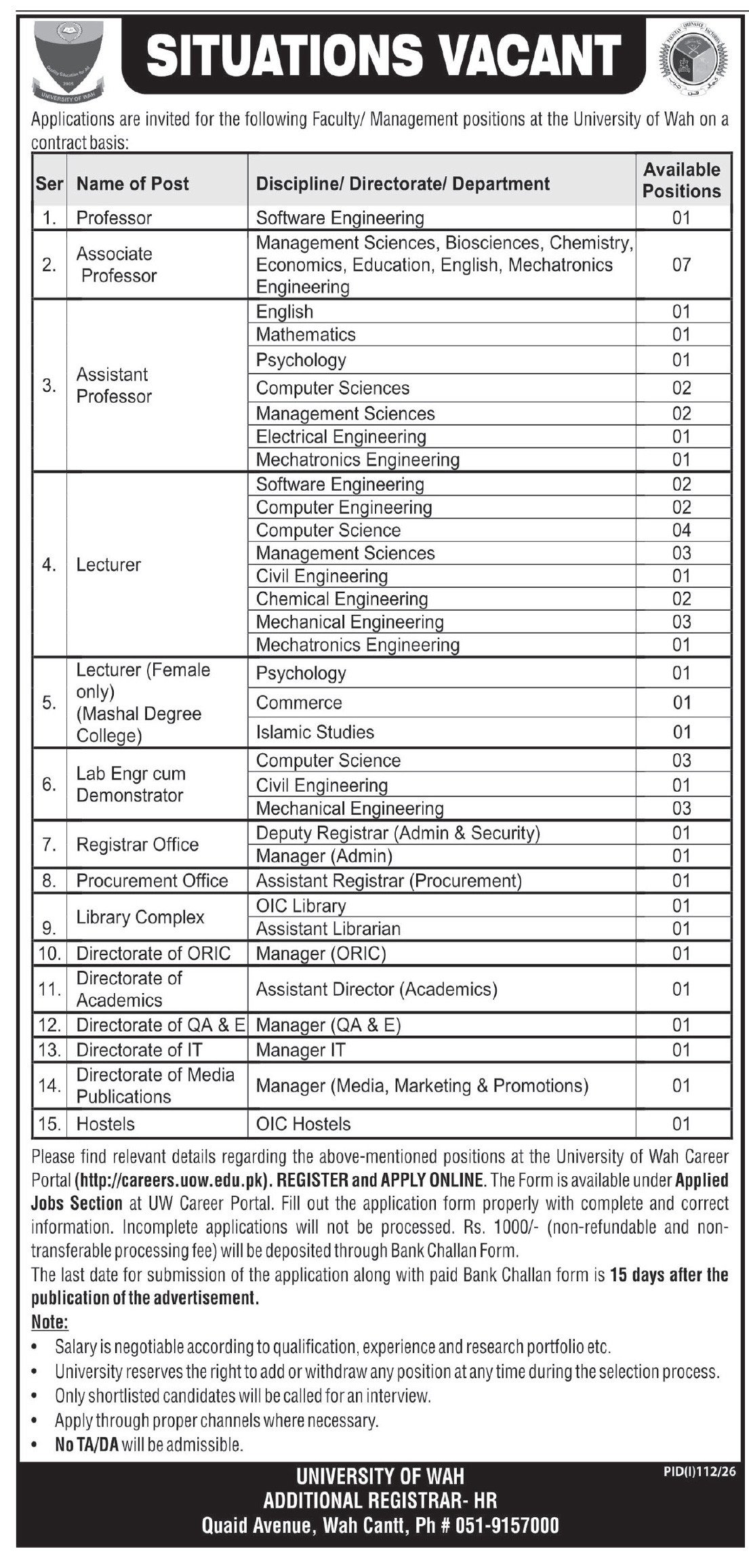 University Of Wah Jobs July 2026